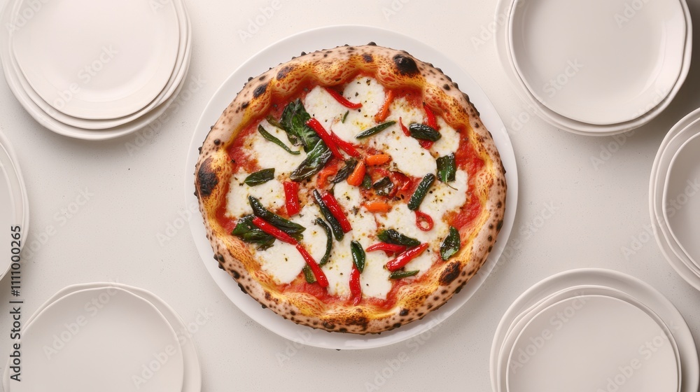 Freshly Baked Traditional Italian Margherita Pizza on Table Freshly Baked Traditional Italian Margherita Pizza on Table