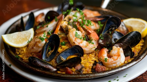 Photo of, A mouthwatering plate of seafood paella loaded with shrimp, mussels