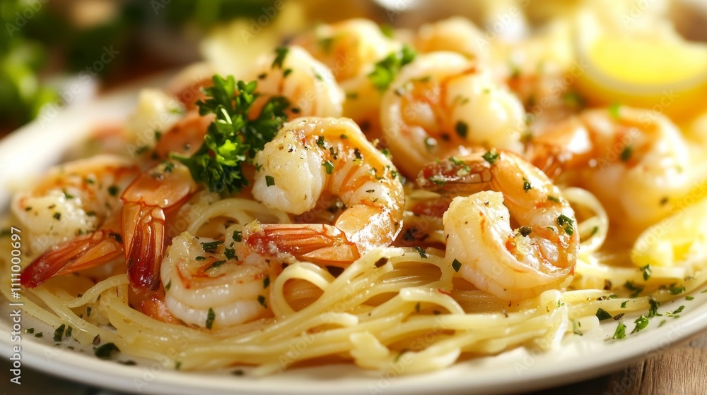 Photo of, A mouthwatering plate of shrimp scampi served with garlic butter sauce and linguine pasta, Shrimp scampi centered Photo of, A mouthwatering plate of shrimp scampi served with garlic butter sauce and linguine pasta, Shrimp scampi centered