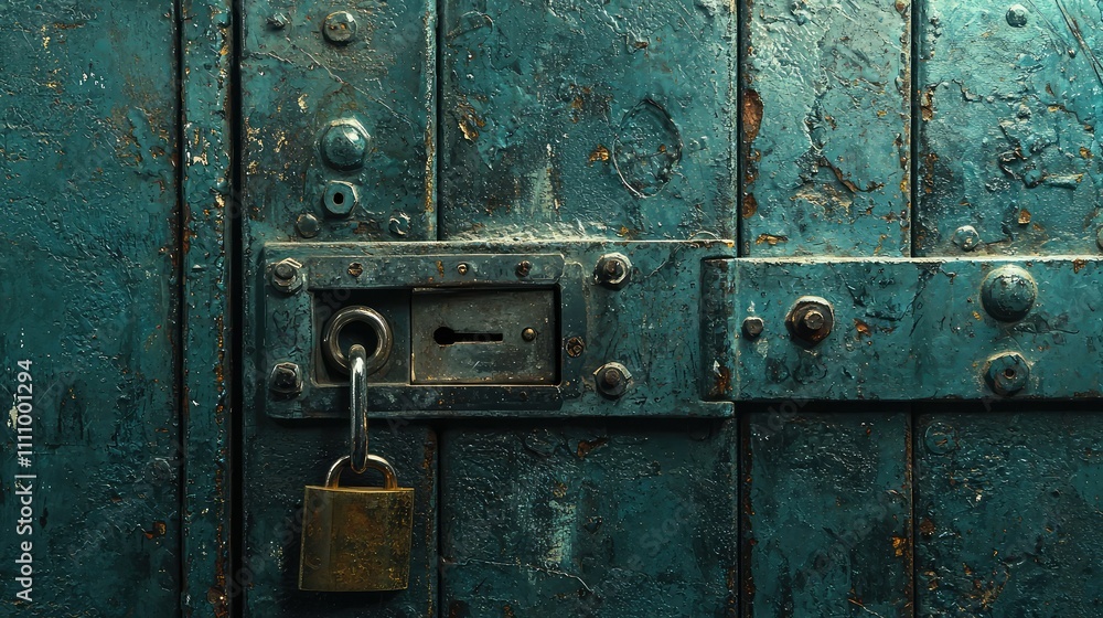 Rusty Metal Door with Close-Up of a Padlock Highlighting Weathered Textures and Aging Details in an Urban Setting Rusty Metal Door with Close-Up of a Padlock Highlighting Weathered Textures and Aging Details in an Urban Setting