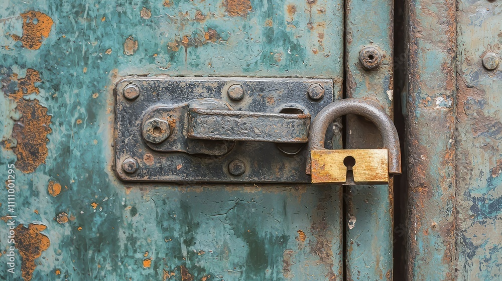 Rusty Old Lock on Antique Metal Door with Flaking Paint and Weathered Texture, Symbolizing Security, Obscurity, and Forgotten History in Urban Environment Rusty Old Lock on Antique Metal Door with Flaking Paint and Weathered Texture, Symbolizing Security, Obscurity, and Forgotten History in Urban Environment
