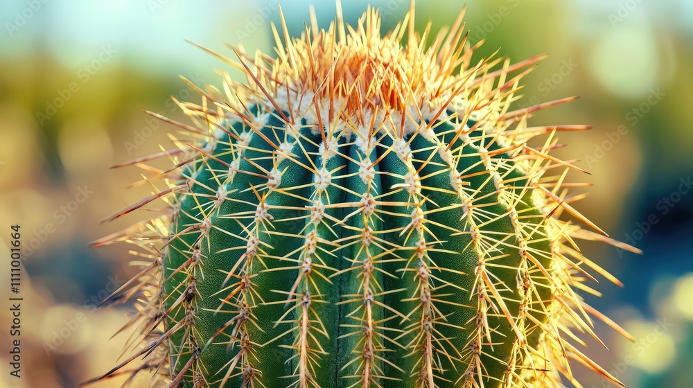 Vibrant Close-Up of a Spiky Cactus against a Soft Blurred Background Illuminated by Warm Natural Light in a Desert Landscape Vibrant Close-Up of a Spiky Cactus against a Soft Blurred Background Illuminated by Warm Natural Light in a Desert Landscape