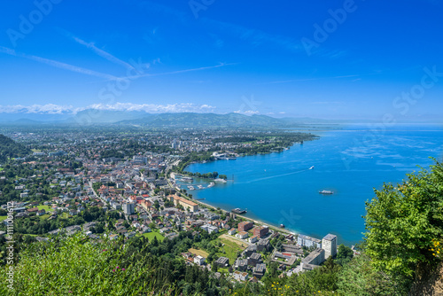 The City of Bregenz from the Pfänder with Lake of Constanze - Bodensee - view toward the Swiss Mountains, Dtate of Vorarlberg, Austria photo