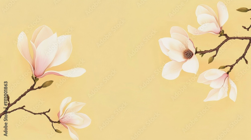 Naklejka premium Beautiful magnolia flowers bloom on branches against a soft yellow background in springtime