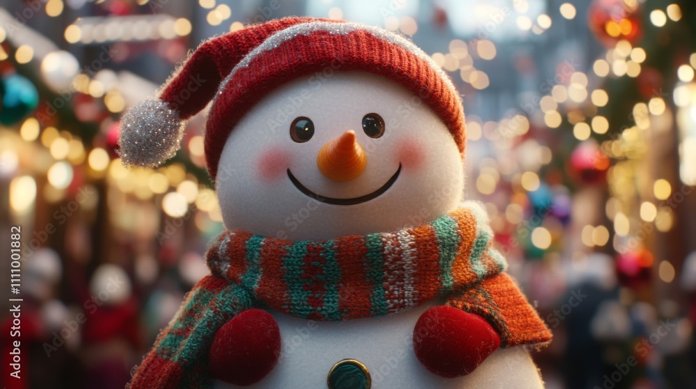 Smiling Snowman in a Red Hat and Scarf Against a Blurred Christmas Market Background Smiling Snowman in a Red Hat and Scarf Against a Blurred Christmas Market Background