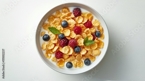 Vibrant bowl of cornflakes topped with fresh berries and mint leaves on a white countertop