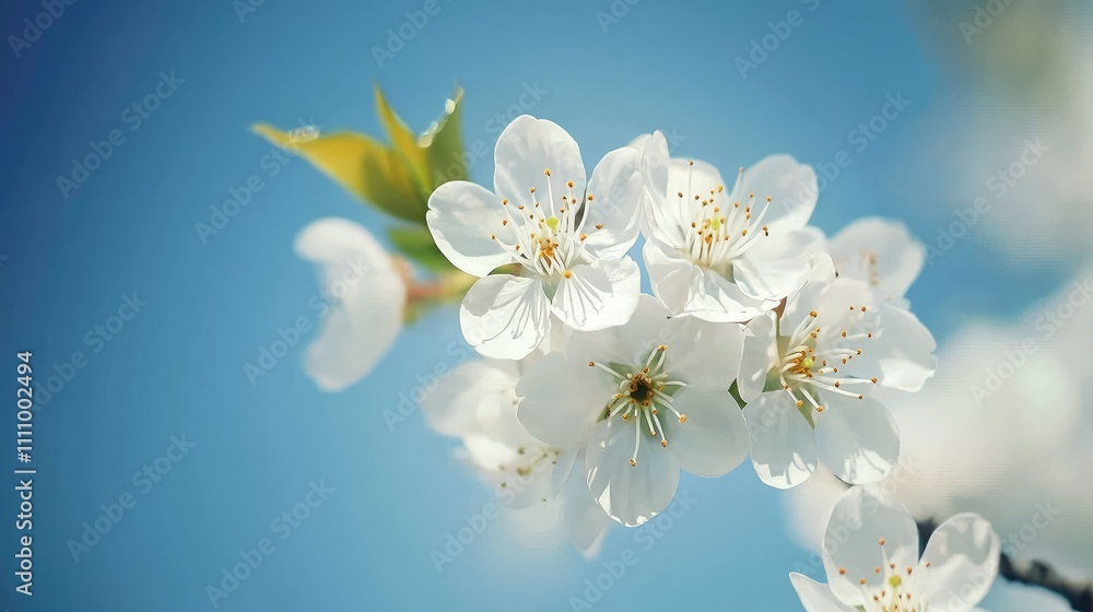 Delicate White Cherry Blossom Flowers Against a Clear Blue Sky, Signifying the Beauty of Nature and the Arrival of Springtime
