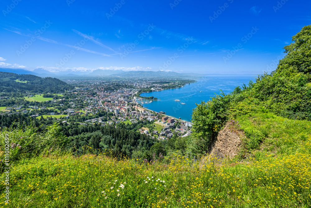 Fototapeta premium The City of Bregenz from the Pfänder with Lake of Constanze - Bodensee - view toward the Swiss Mountains, Dtate of Vorarlberg, Austria