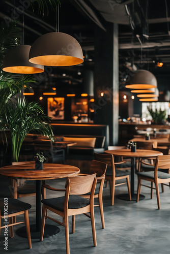 Modern café interior with wooden furniture, potted plants, oversized pendant lights, and moody lighting creating a cozy and stylish dining space