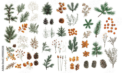 Winter botany nature vector kit, leaves, branches, pine cones, fir branches, pine branches, dry branches, autumn leaves