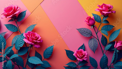 design background characterized by bold, angular geometric shapes combined with intricate roses and leaves for added depth photo