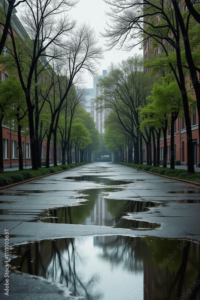 Serene urban street with trees and wet pavement after rain, showcasing tranquil city life Serene urban street with trees and wet pavement after rain, showcasing tranquil city life