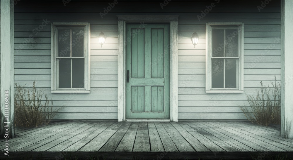 Dimly lit cabin entrance surrounded by fog at night with wooden steps Dimly lit cabin entrance surrounded by fog at night with wooden steps