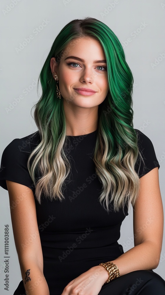 Naklejka premium A young woman with striking green and blonde hair smiles confidently in a black outfit.