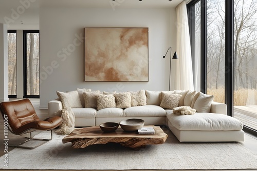 Bright and cozy room with a large  comfortable sofa  natural wood coffee table  and soft  warm-toned decor. Scandinavian home interior design of modern living room. 