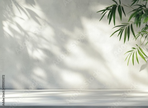 Tranquil indoor setting with green plants and soft shadows against a white background