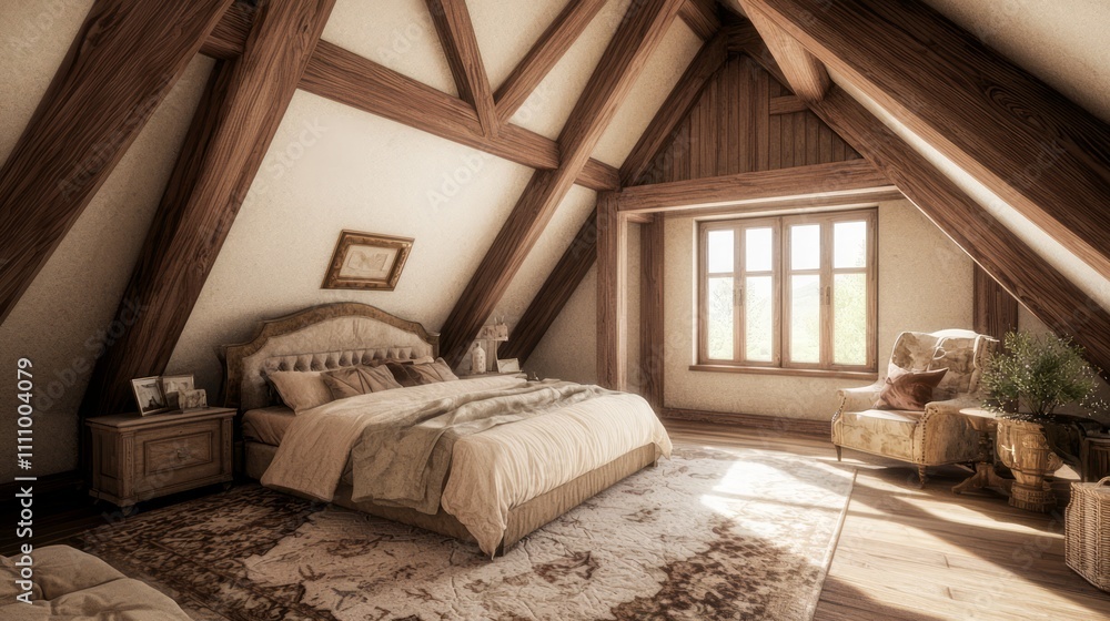 Luxurious Attic Bedroom in Modern-Medieval Style with Plush Bed and Vintage Furnishings Creating Cozy Retreat | Ultra-Detailed Interior Design Luxurious Attic Bedroom in Modern-Medieval Style with Plush Bed and Vintage Furnishings Creating Cozy Retreat | Ultra-Detailed Interior Design