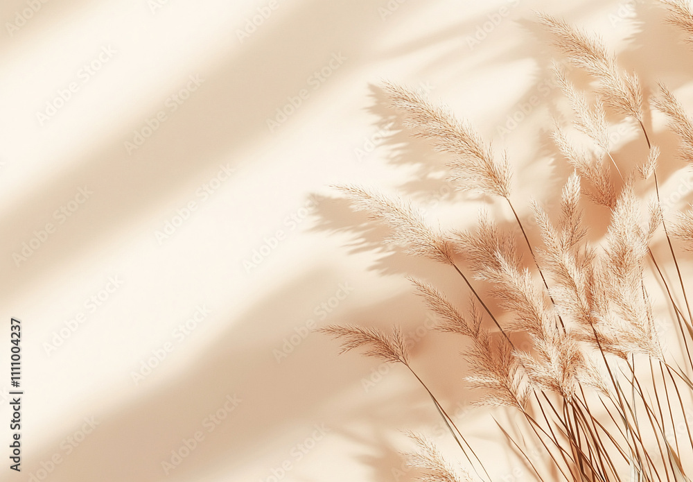 Soft sunlight casts gentle shadows on decorative grass against a warm beige wall in a serene indoor setting Soft sunlight casts gentle shadows on decorative grass against a warm beige wall in a serene indoor setting