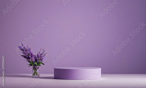 Purple Dream: A minimalist product display featuring a round platform with a delicate bouquet of lavender flowers in a glass vase against a soft lilac backdrop.  