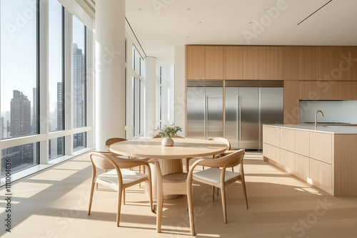 Luxurious kitchen with light wood cabinetry  a round dining table  and panoramic city views  creating a bright and serene cooking and dining space