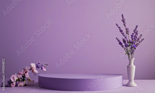 Purple Podium with Lavender: A minimalist still life featuring a purple podium with a vase of lavender and pink flowers, set against a vibrant purple background.