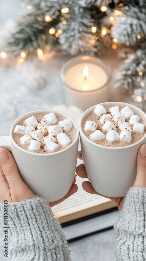 Warm cups of hot chocolate with marshmallows beside a candle and festive decorations in cozy setting Warm cups of hot chocolate with marshmallows beside a candle and festive decorations in cozy setting