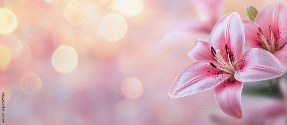 Beautiful pink lilies in soft focus against a pastel background during spring season Beautiful pink lilies in soft focus against a pastel background during spring season