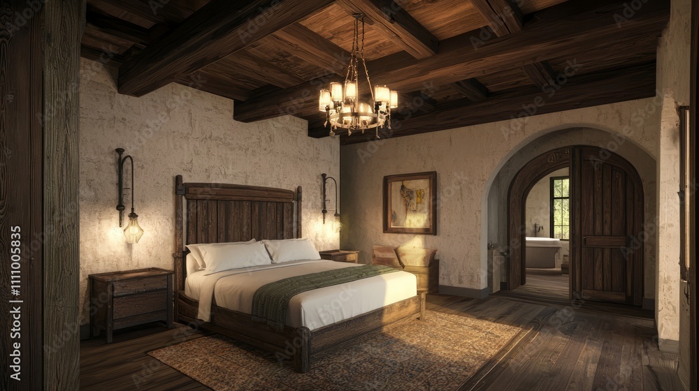 Modern-Medieval Guest Suite with Plush Bed and Rustic Accents | Warm and Inviting Interior Design with Soft Lighting | Ultra-Detailed Photorealistic Image Modern-Medieval Guest Suite with Plush Bed and Rustic Accents | Warm and Inviting Interior Design with Soft Lighting | Ultra-Detailed Photorealistic Image