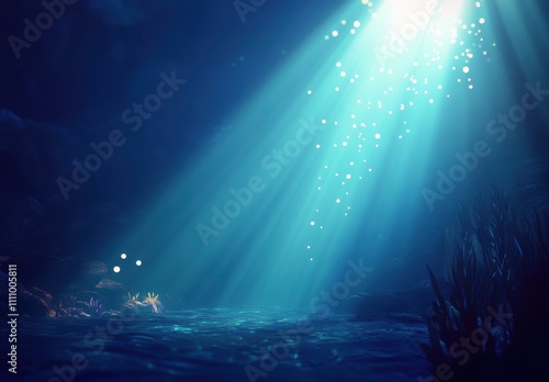 Ethereal Underwater Scene with Rays of Light Illuminating a Tranquil Blue Ocean Environment and Soft Bubbles Floating Above Vibrant Coral and Aquatic Plants