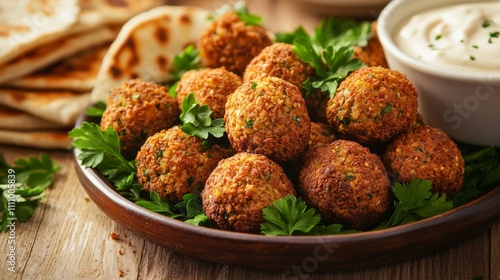 Photo of, A plate of crispy falafel balls served with tahini sauce and pita bread, Falafel on plate