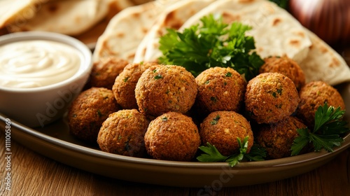 Photo of, A plate of crispy falafel balls served with tahini sauce and pita bread, Falafel on plate