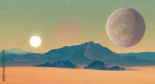 realistic vector illustration of science fiction planet in deep space with blue, purple, orange and yellow sky with sun, stars, two moons, rocks and sand desert surface and mountains in the distance