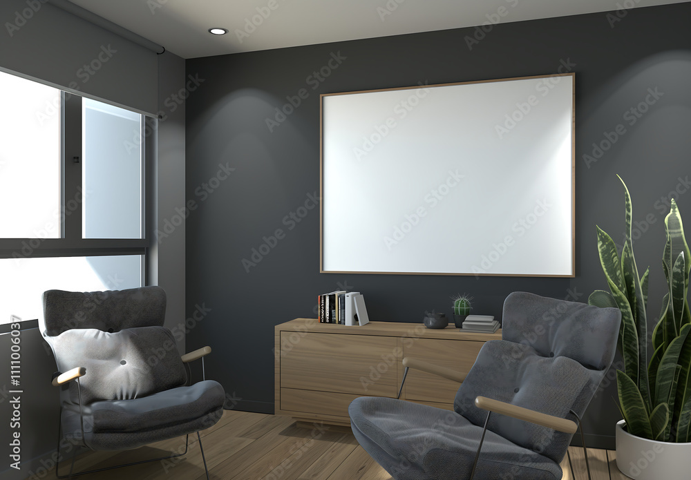 Comfortable lounge area featuring two plush armchairs, a wooden sideboard, and a large empty poster mock-up frame on a dark gray wall, perfect for showcasing wall art Comfortable lounge area featuring two plush armchairs, a wooden sideboard, and a large empty poster mock-up frame on a dark gray wall, perfect for showcasing wall art