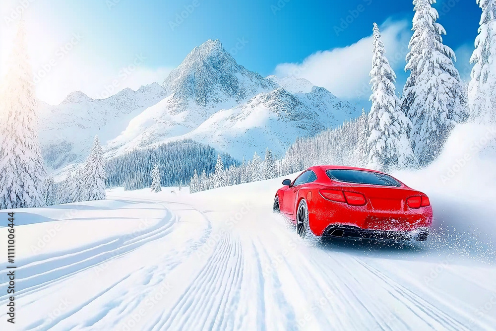 Red Sports Car Conquering Snowy Mountain Road Red Sports Car Conquering Snowy Mountain Road