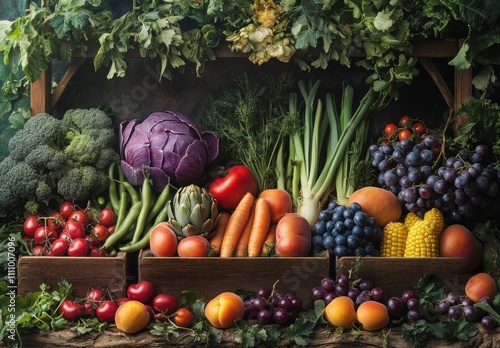 Fresh and Colorful Assortment of Organic Vegetables and Fruits Displayed on a Rustic Wooden Market Stall Surrounded by Greenery