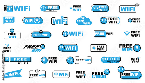 Free wifi badge collection in blue. Vector illustration