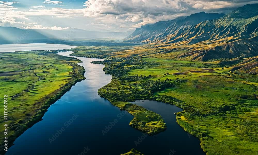 Aerial View of Serene River Winding Through Lush Green Valley and Mountains Aerial View of Serene River Winding Through Lush Green Valley and Mountains