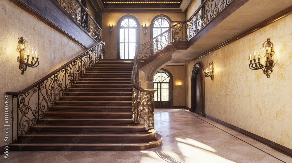Opulent Medieval-Style Grand Staircase in Modern Interior Design with Rich Wood Steps and Wrought Iron Railings Opulent Medieval-Style Grand Staircase in Modern Interior Design with Rich Wood Steps and Wrought Iron Railings