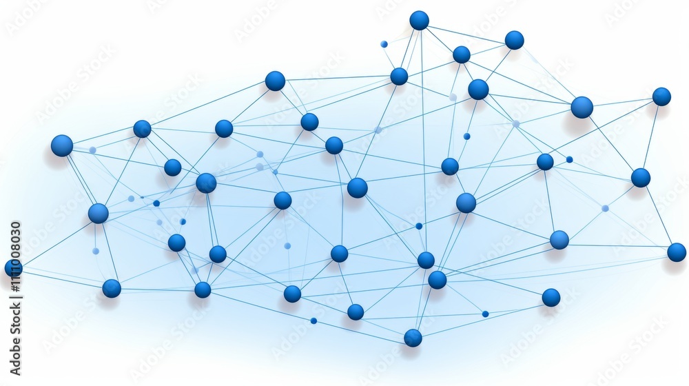 Abstract network diagram featuring connecting lines and nodes in shades of blue on white background Abstract network diagram featuring connecting lines and nodes in shades of blue on white background