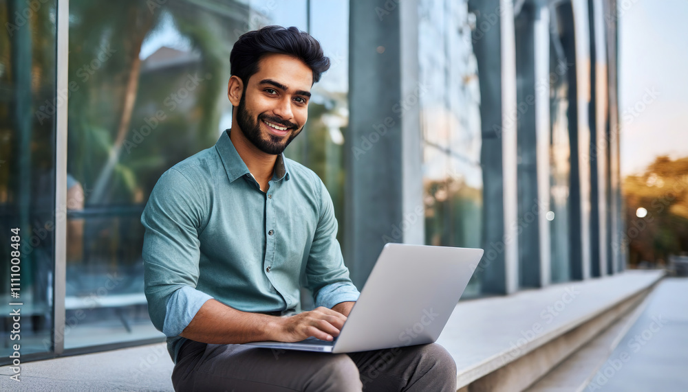 A young man with a confident smile working on a laptop outdoors in a modern urban environment during a pleasant day A young man with a confident smile working on a laptop outdoors in a modern urban environment during a pleasant day