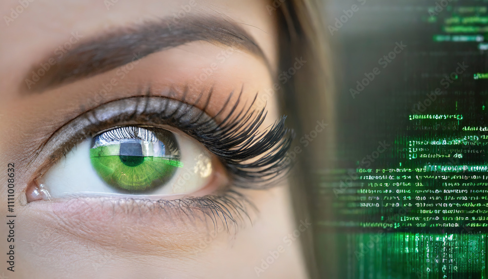 An extreme close-up of a green eye with digital data reflected in the iris, symbolizing technology and artificial intelligence An extreme close-up of a green eye with digital data reflected in the iris, symbolizing technology and artificial intelligence