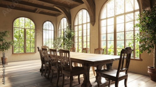 Cozy Medieval-Inspired Breakfast Nook with Rustic Wooden Table and Charming Chairs Flooded with Natural Light for Morning Gatherings - Ultra-Detailed Interior Design Photo