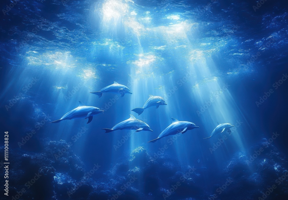 Fototapeta premium Graceful dolphins swimming gracefully in vibrant blue underwater scene with sunlight rays illuminating the ocean floor and showcasing marine beauty in a serene atmosphere.