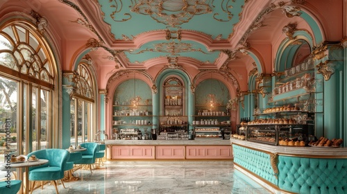 Here s a possible  and keyword list for your stock photo.. Elegant pastel cafe interior with ornate details  marble floors  and teal seating.