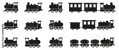 Freight train with locomotive, passenger train icons collection. Black silhouette of freight trains collection. Set of railway transport