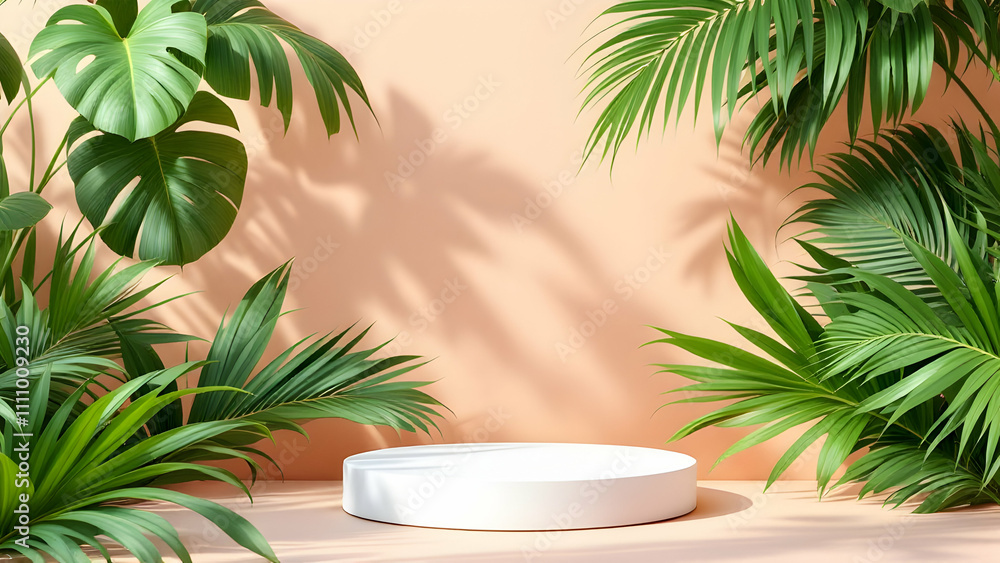 Tropical Mockup Background with Palm Leaves and Pastel Peach Wall Tropical Mockup Background with Palm Leaves and Pastel Peach Wall