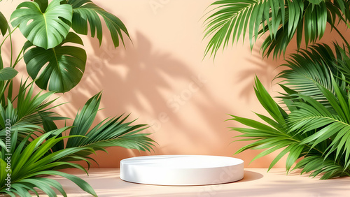 Tropical Mockup Background with Palm Leaves and Pastel Peach Wall