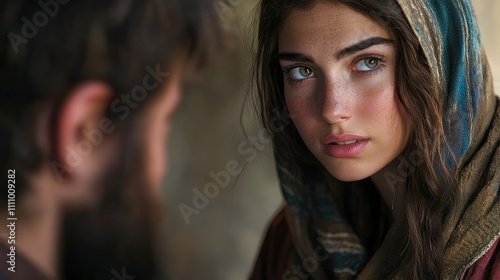 Young Woman with Striking Blue Eyes and Natural Beauty, Wearing a Traditional Headscarf in a Soft Focus Background, Ideal for Emotional and Cultural Themes