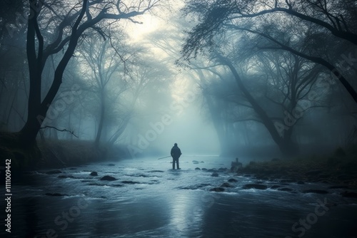 Misty morning scene cool blue river and fog with fisherman silhouette in darker shades