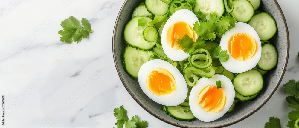 Fresh cucumber salad with boiled eggs and cilantro on a light marble background Fresh cucumber salad with boiled eggs and cilantro on a light marble background